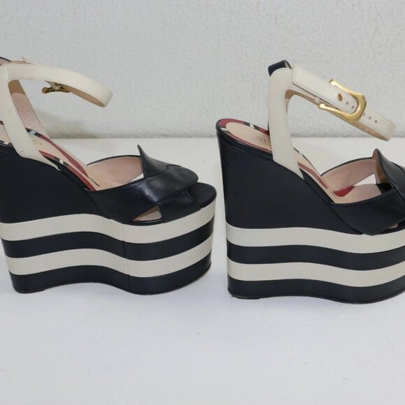 GUCCI BLU/MYSTIC WHITE ANKLE STRAP NAPPA CHARLOTTE WEDGES US 8.5 EU39 - Picture 7 of 15